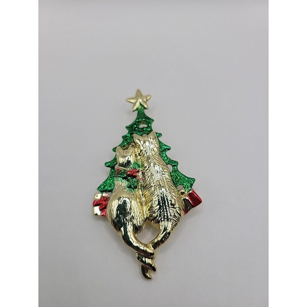 Vintage‎ AJC Christmas Cats Brooch: Gold Tone Glitter Enamel Tree Pin - Picture 2 of 10